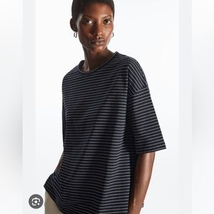 COS Navy Blue Striped T Shirt Linen Cotton Blend Boxy Fit Knitted T-Shirt